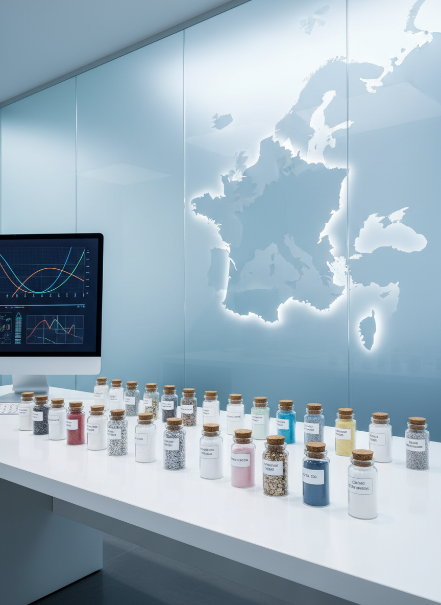 A bright, modern workspace with a long white desk covered in small labeled glass sample jars of mineral and specialty chemical powders, their textures ranging from fine white talc to shimmering metallic flakes and pastel-colored granules. A large, clean computer monitor displays abstract graphs and curves without legible text. Behind, a wall-sized frosted glass panel shows an outline of France subtly highlighted within Europe. Cool, diffused studio lighting creates minimal shadows and sharp detail. Shot from a slightly elevated angle in photographic realism, the composition follows the rule of thirds, emphasizing analytical precision and expert consulting on chemical raw materials for the French market.