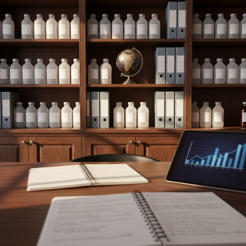 An elegant dark-wood office shelf displaying organized rows of anonymous white and amber laboratory bottles, thick technical binders with blank spines in muted blues and grays, and a small metal globe tilted toward Europe and Africa. On the foreground desk, open notebooks with dense, illegible scribbles are spread beside a tablet showing stylized bar charts. Warm afternoon sunlight enters from the side, casting long, refined shadows and highlighting the textures of paper, glass, and polished wood. Photographic realism, shallow depth of field with the focus on the globe and bottles, creates a calm, authoritative atmosphere reflecting high-level consulting in international chemical trade into France.
